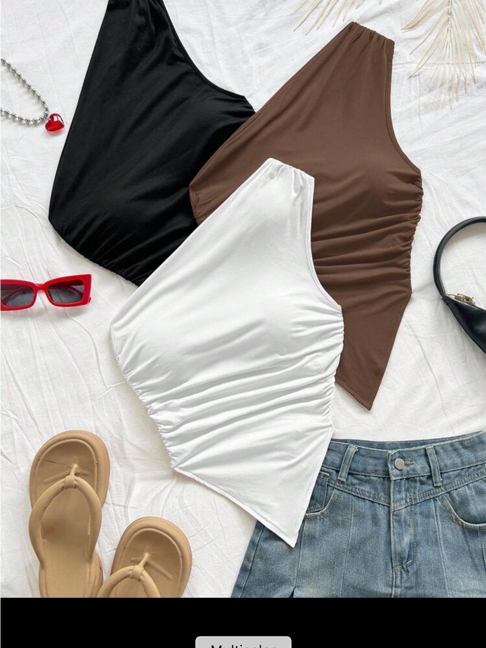 Asymmetric One-Shoulder Ruched Tank Top - White, Black, Brown
